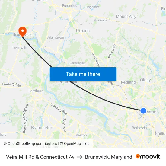Veirs Mill Rd & Connecticut Av to Brunswick, Maryland map