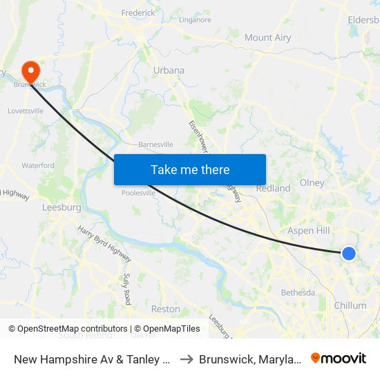 New Hampshire Av & Tanley Rd to Brunswick, Maryland map