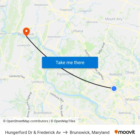 Hungerford Dr & Frederick Av to Brunswick, Maryland map