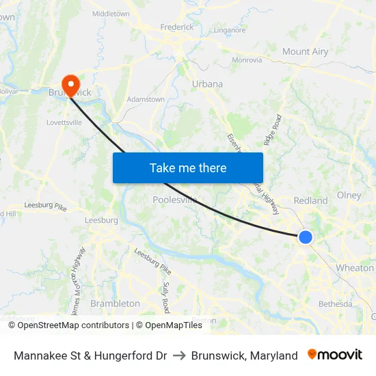 Mannakee St & Hungerford  Dr to Brunswick, Maryland map