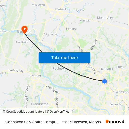 Mannakee St & South Campus Dr to Brunswick, Maryland map