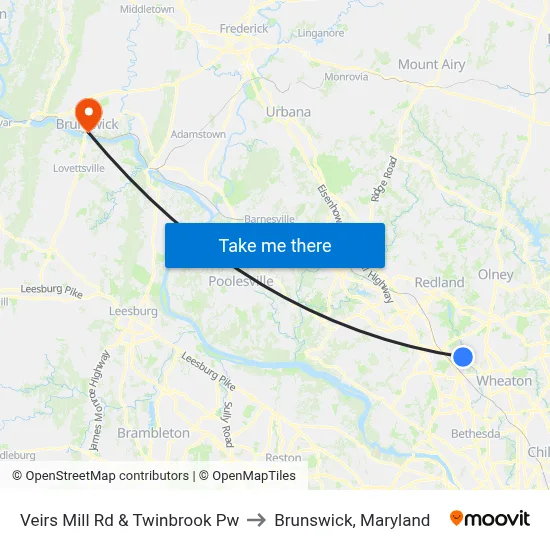 Veirs Mill Rd & Twinbrook Pw to Brunswick, Maryland map