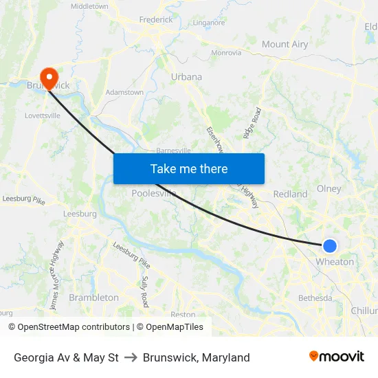 Georgia Av & May St to Brunswick, Maryland map