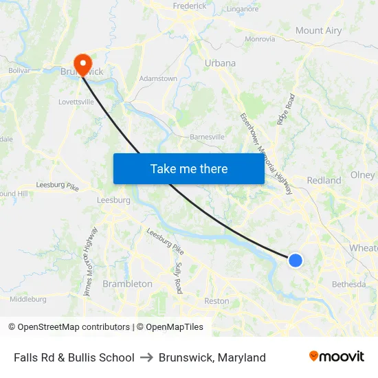 Falls Rd & Bullis School to Brunswick, Maryland map
