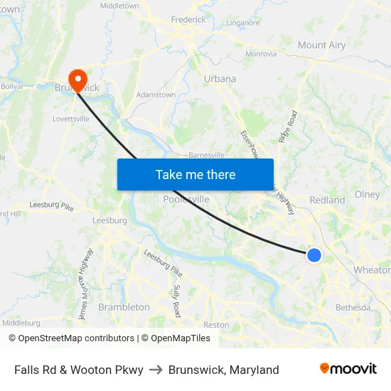 Falls Rd & Wooton Pkwy to Brunswick, Maryland map
