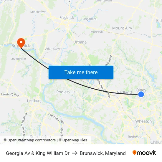 Georgia Av & King William Dr to Brunswick, Maryland map