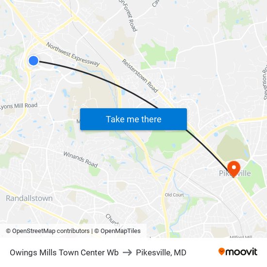 Owings Mills Town Center Wb to Pikesville, MD map