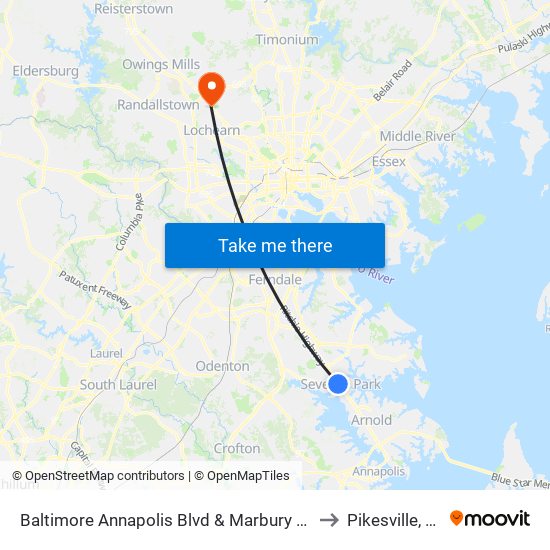 Baltimore Annapolis Blvd & Marbury Rd Sb to Pikesville, MD map