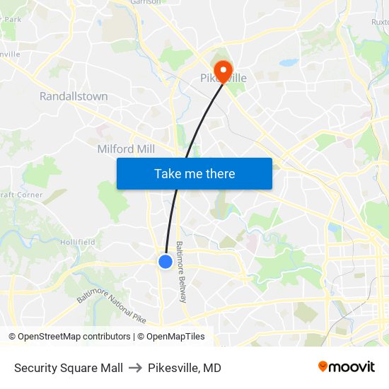 Security Square Mall to Pikesville, MD map