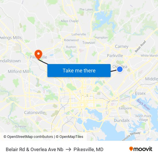 Belair Rd & Overlea Ave Nb to Pikesville, MD map