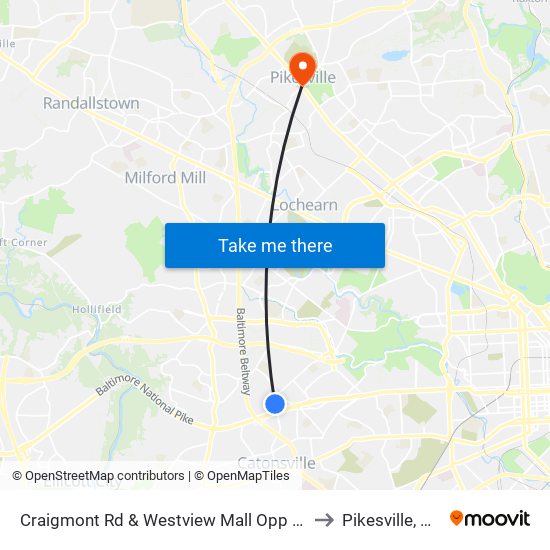 Craigmont Rd & Westview Mall Opp Wb to Pikesville, MD map