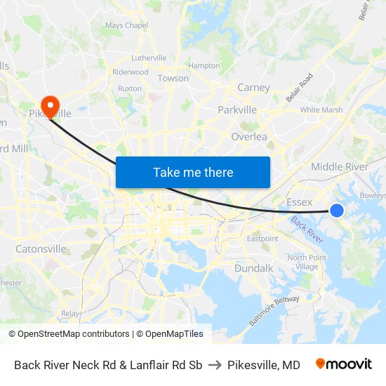 Back River Neck Rd & Lanflair Rd Sb to Pikesville, MD map