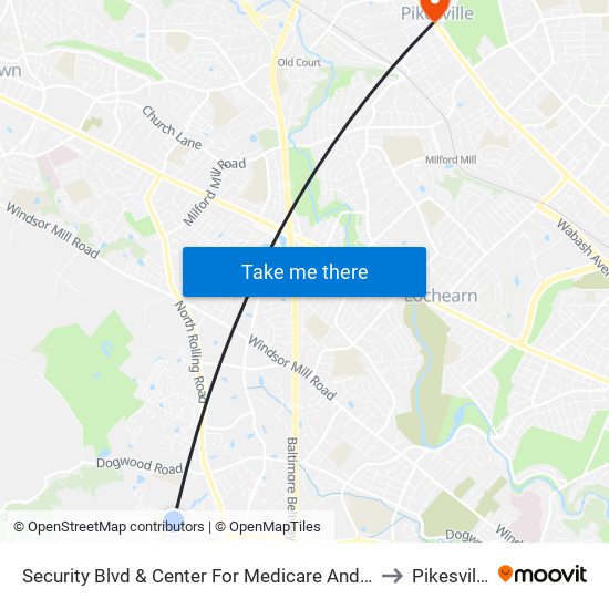 Security Blvd & Center For Medicare And Medicaid Services Eb to Pikesville, MD map