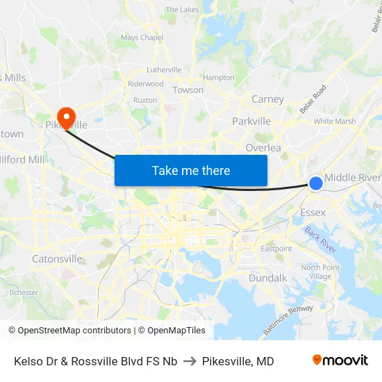Kelso Dr & Rossville Blvd FS Nb to Pikesville, MD map