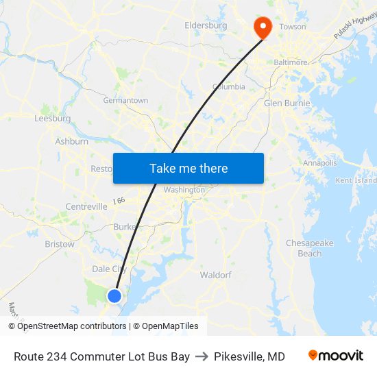 Route 234 Commuter Lot Bus Bay to Pikesville, MD map