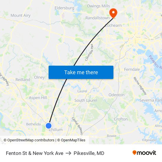 Fenton St & New York Ave to Pikesville, MD map