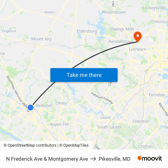 N Frederick Ave & Montgomery Ave to Pikesville, MD map