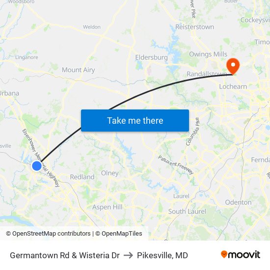 Germantown Rd & Wisteria Dr to Pikesville, MD map