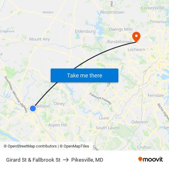 Girard St & Fallbrook St to Pikesville, MD map