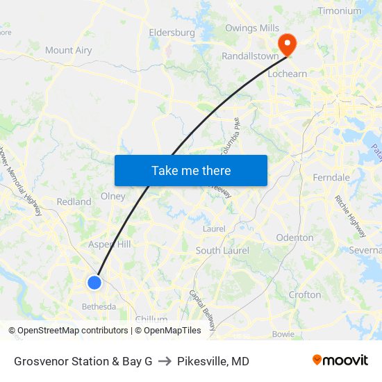 Grosvenor Station & Bay G to Pikesville, MD map