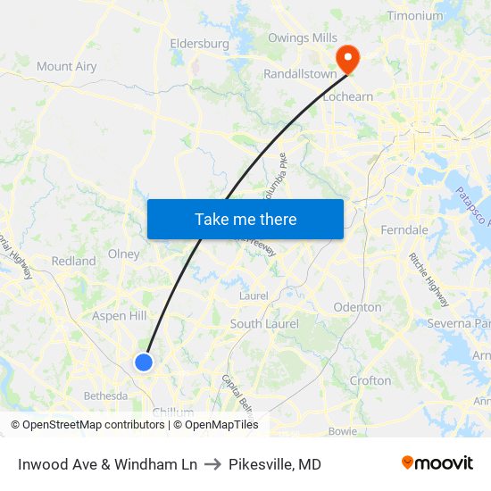 Inwood Ave & Windham Ln to Pikesville, MD map