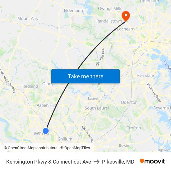 Kensington Pkwy & Connecticut Ave to Pikesville, MD map