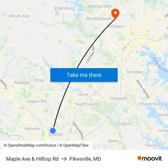 Maple Ave & Hilltop Rd to Pikesville, MD map