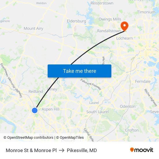 Monroe St & Monroe Pl to Pikesville, MD map