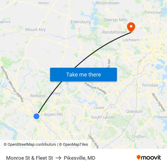 Monroe St & Fleet St to Pikesville, MD map