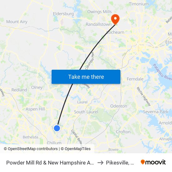 Powder Mill Rd & New Hampshire Ave to Pikesville, MD map