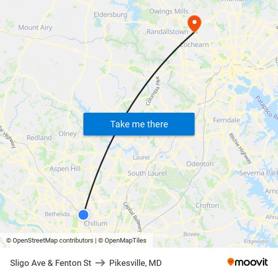 Sligo Ave & Fenton St to Pikesville, MD map