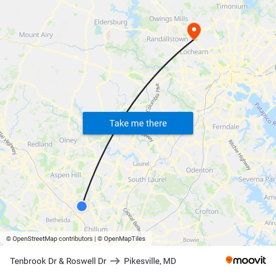 Tenbrook Dr & Roswell Dr to Pikesville, MD map