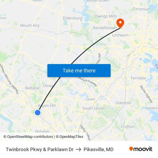 Twinbrook Pkwy & Parklawn Dr to Pikesville, MD map