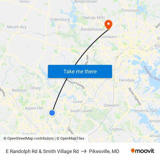 E Randolph Rd & Smith Village Rd to Pikesville, MD map