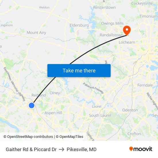 Gaither Rd & Piccard Dr to Pikesville, MD map