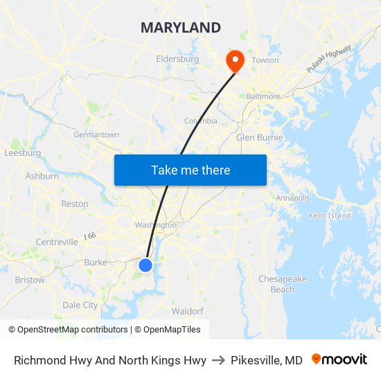 Richmond Hwy And North Kings Hwy to Pikesville, MD map