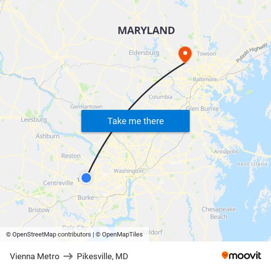 Vienna Metro to Pikesville, MD map