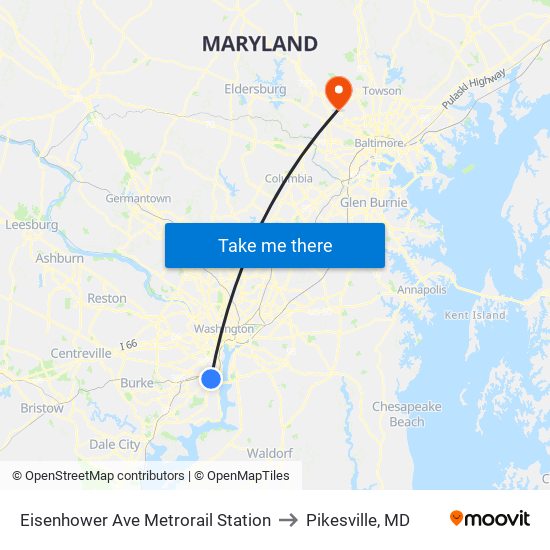 Eisenhower Ave Metrorail Station to Pikesville, MD map