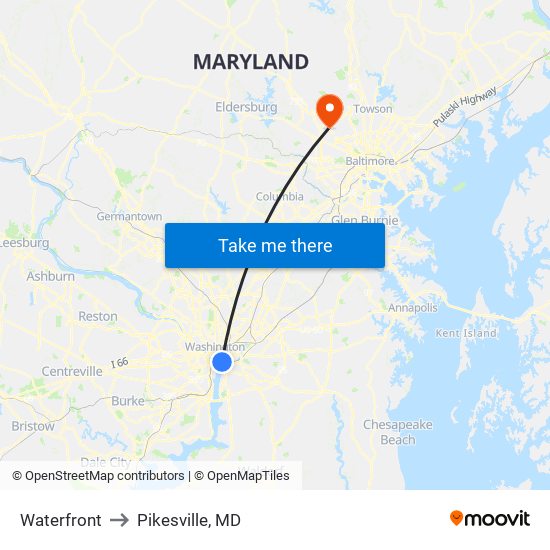 Waterfront to Pikesville, MD map