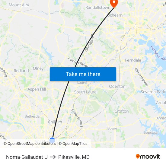 Noma-Gallaudet U to Pikesville, MD map