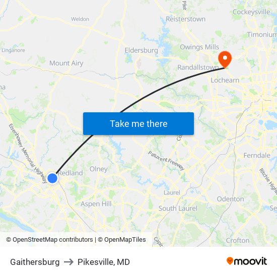 Gaithersburg to Pikesville, MD map