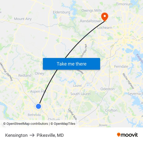 Kensington to Pikesville, MD map