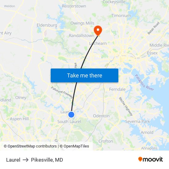 Laurel to Pikesville, MD map