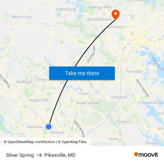 Silver Spring to Pikesville, MD map