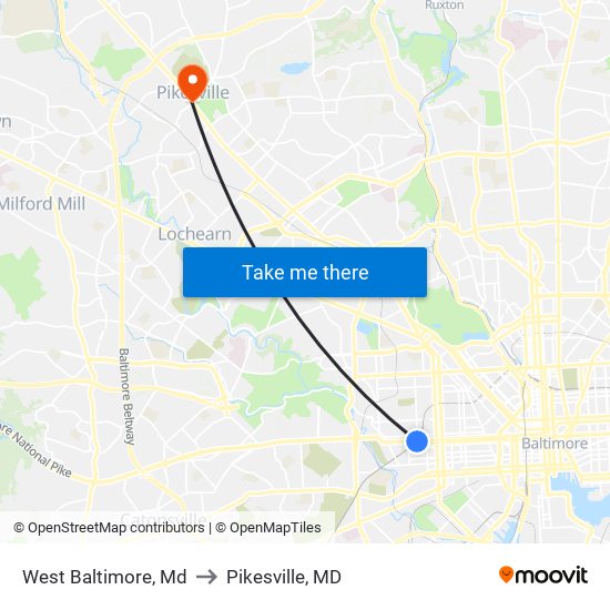 West Baltimore, Md to Pikesville, MD map