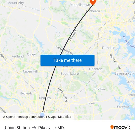 Union Station to Pikesville, MD map