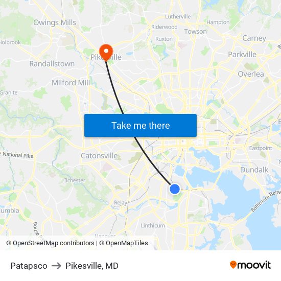 Patapsco to Pikesville, MD map