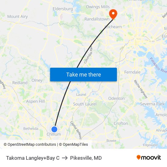 Takoma Langley+Bay C to Pikesville, MD map