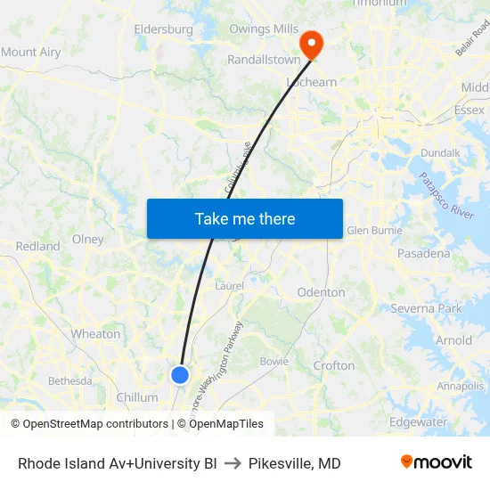 Rhode Island Av+University Bl to Pikesville, MD map