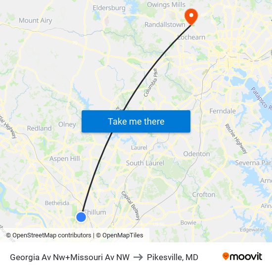 Georgia Av Nw+Missouri Av NW to Pikesville, MD map